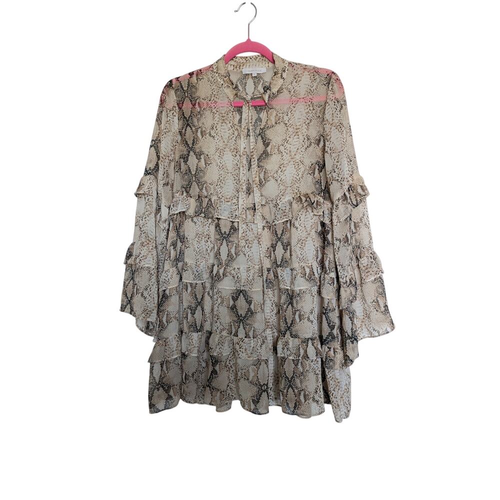Olivaceous Tie Neck Snake Print Dress Womens M Flare Ruffle Sleeve Wedding Guest